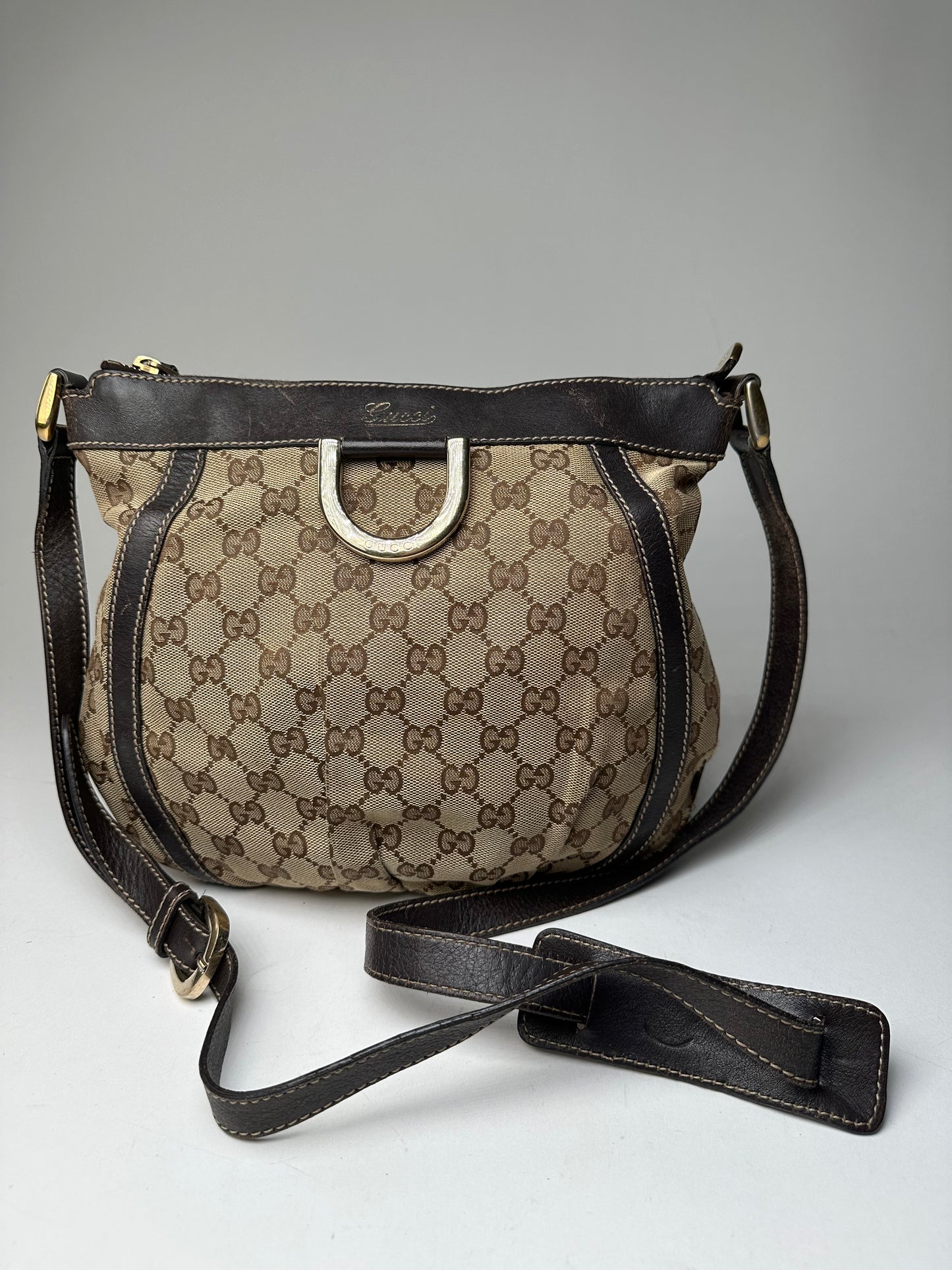 Vintage Gucci Monogram D-Ring Shoulder / Crossbody Bag Beige Brown