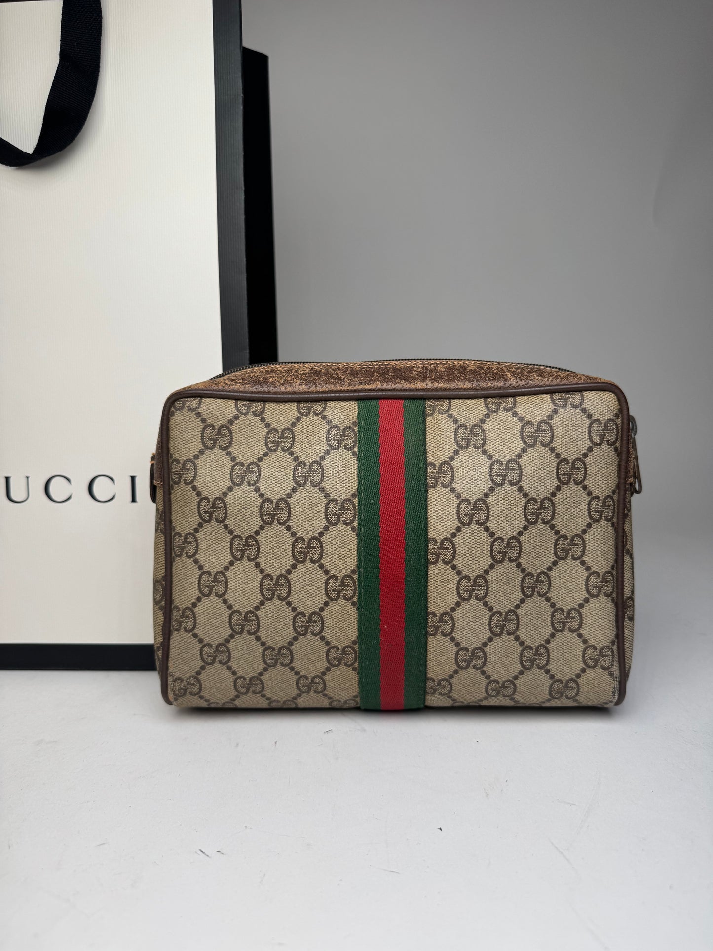 Vintage Gucci Ophidia Monogram Leather Clutch Grey Brown