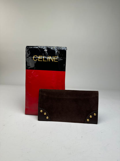 Vintage Celine Suede Wallet Brown Gold Studs