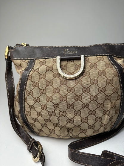 Vintage Gucci Monogram D-Ring Shoulder / Crossbody Bag Beige Brown