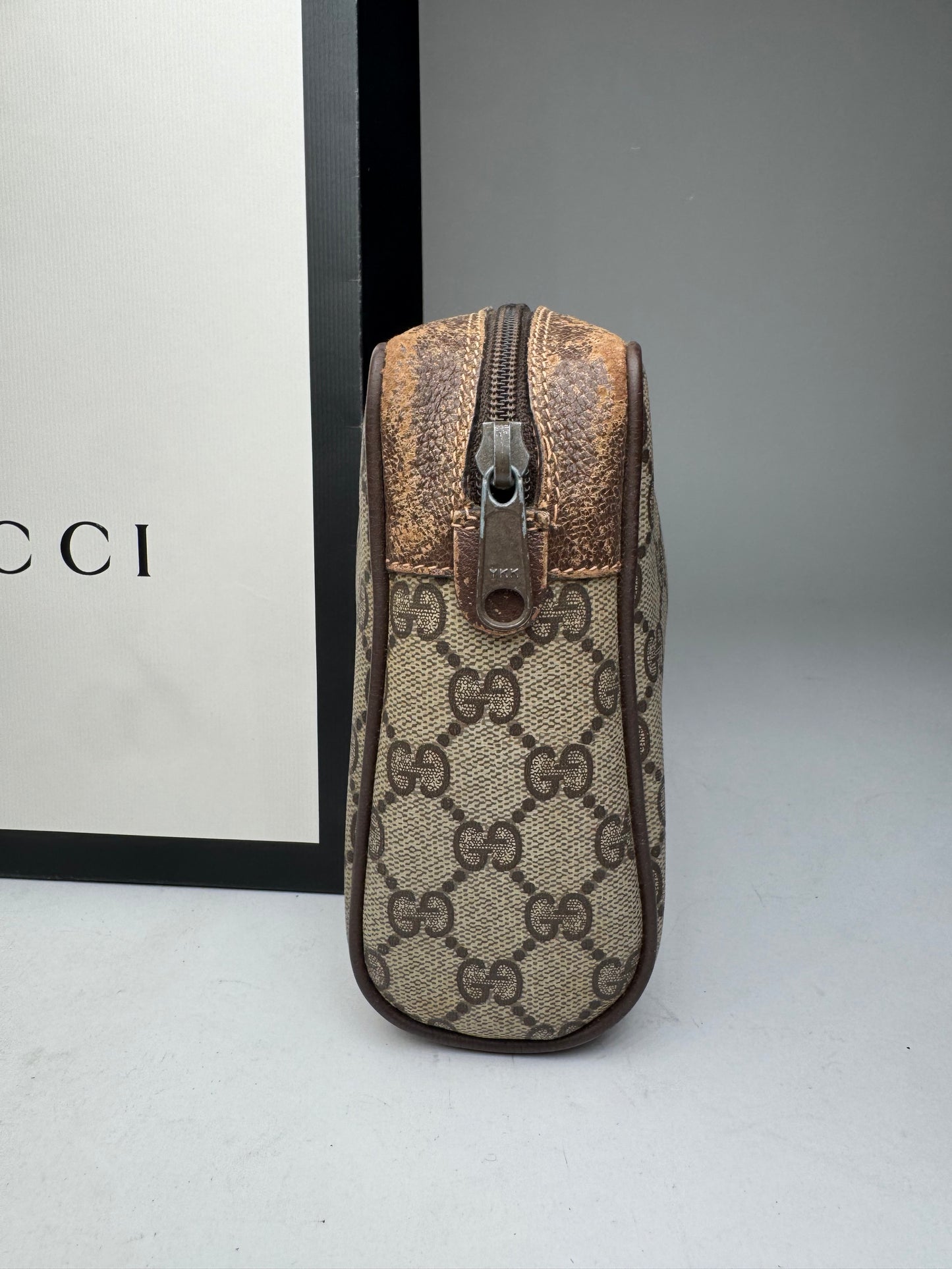 Vintage Gucci Ophidia Monogram Leather Clutch Grey Brown