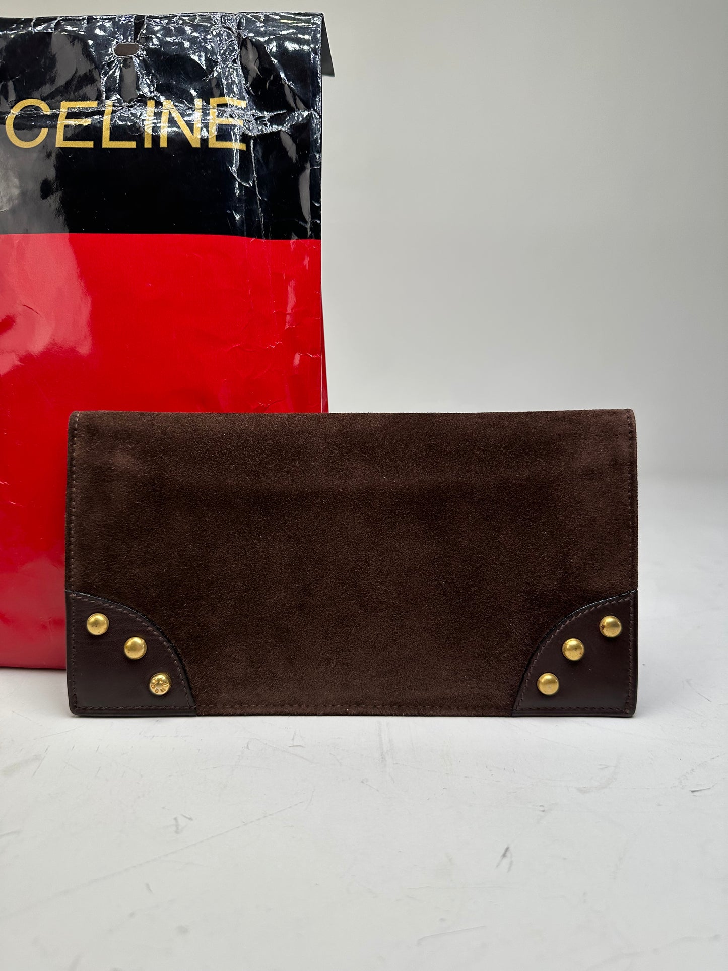 Vintage Celine Suede Wallet Brown Gold Studs