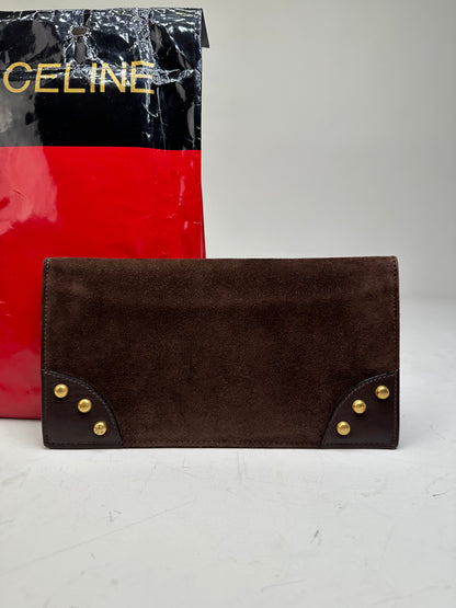 Vintage Celine Suede Wallet Brown Gold Studs