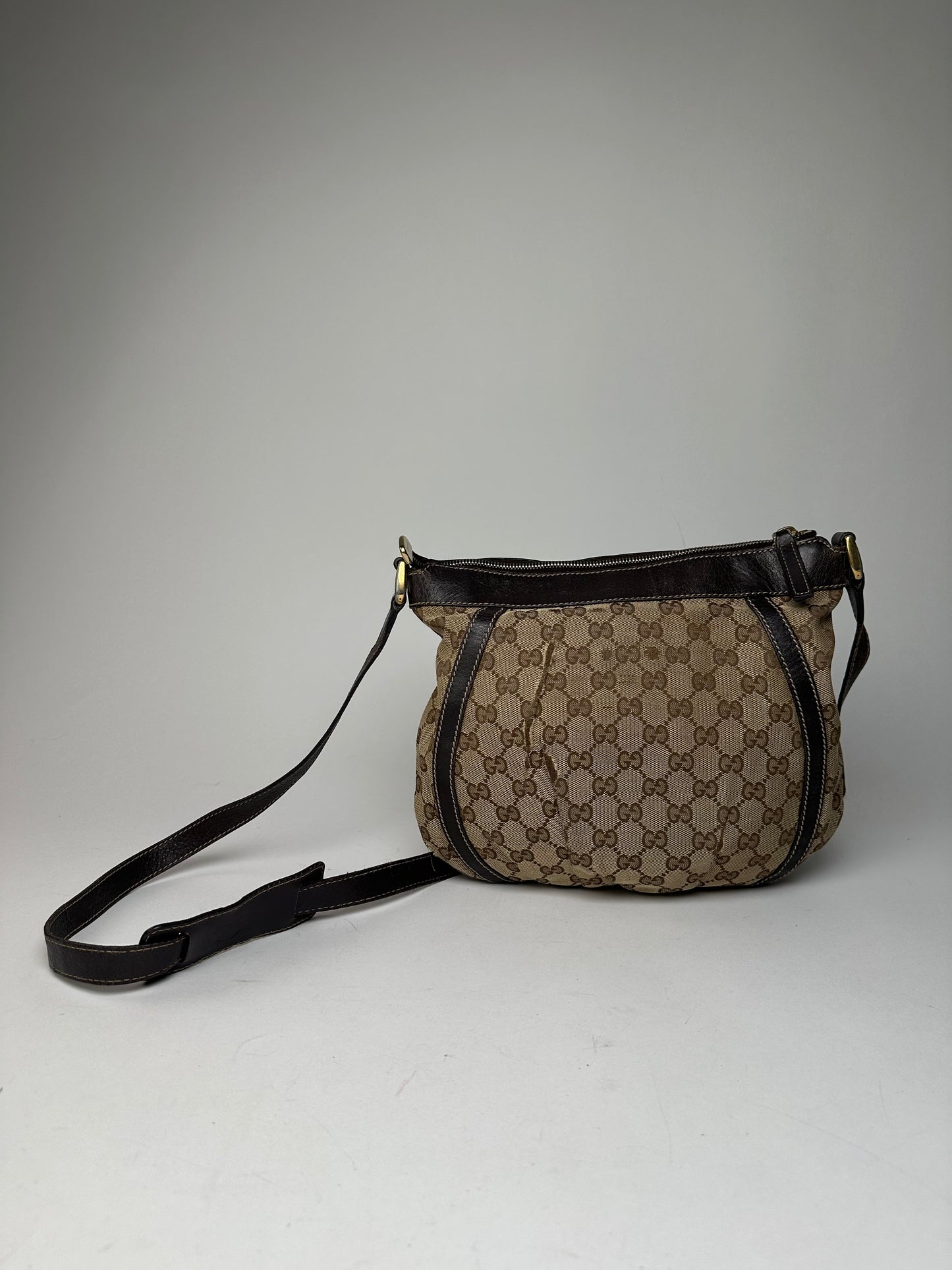 Vintage Gucci Monogram D-Ring Shoulder / Crossbody Bag Beige Brown