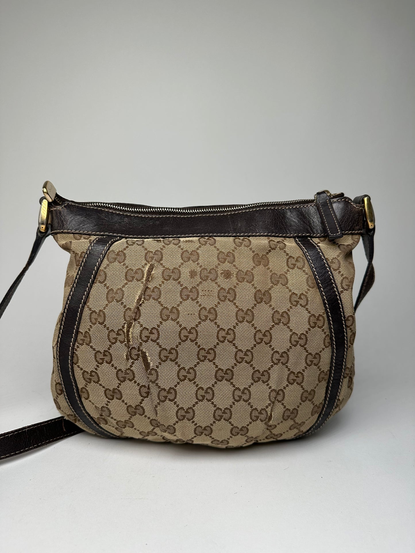 Vintage Gucci Monogram D-Ring Shoulder / Crossbody Bag Beige Brown
