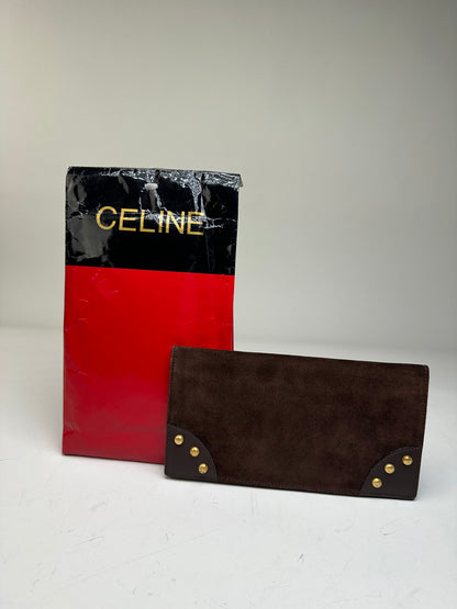Vintage Celine Suede Wallet Brown Gold Studs