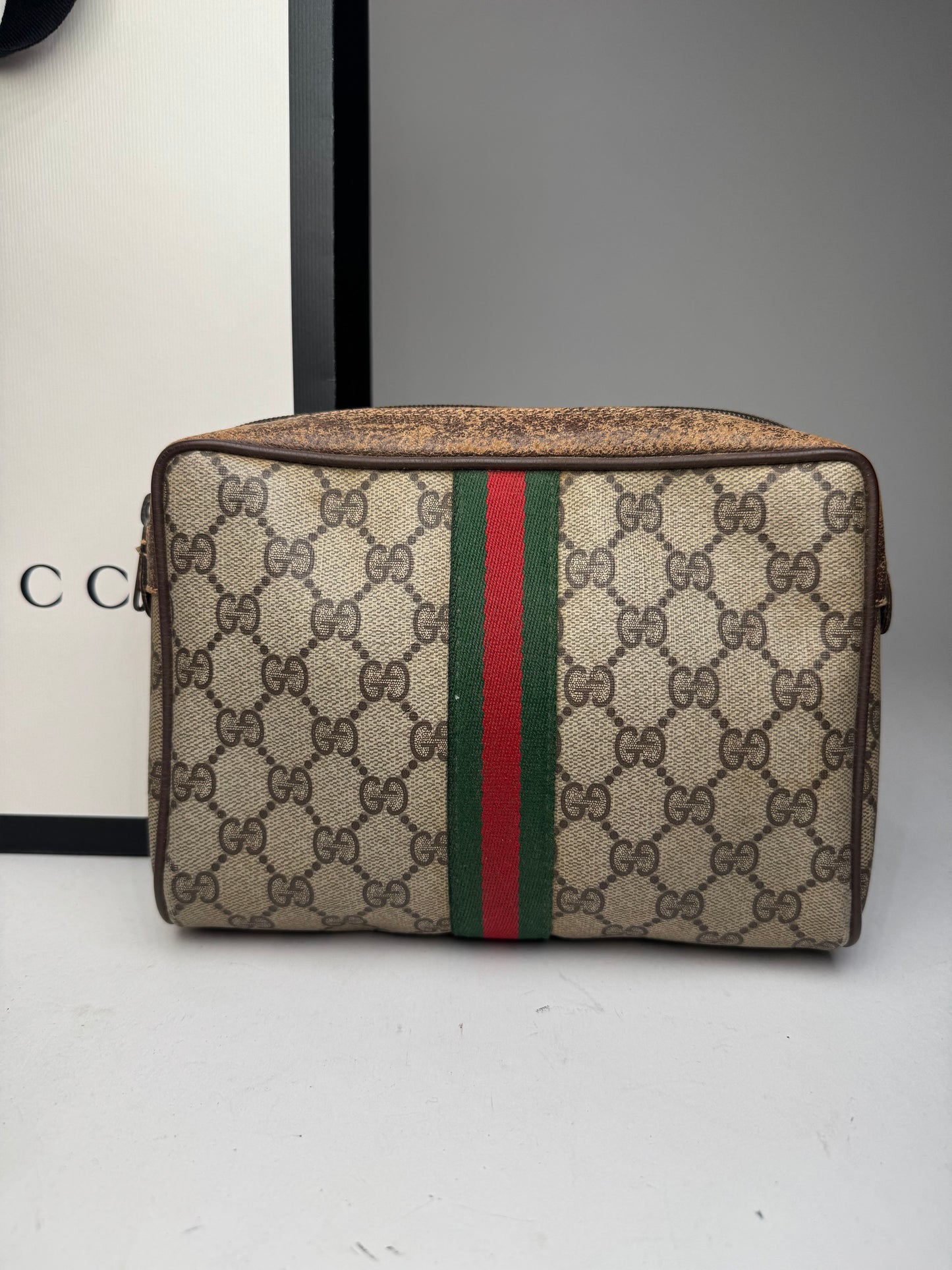 Vintage Gucci Ophidia Monogram Leather Clutch Grey Brown