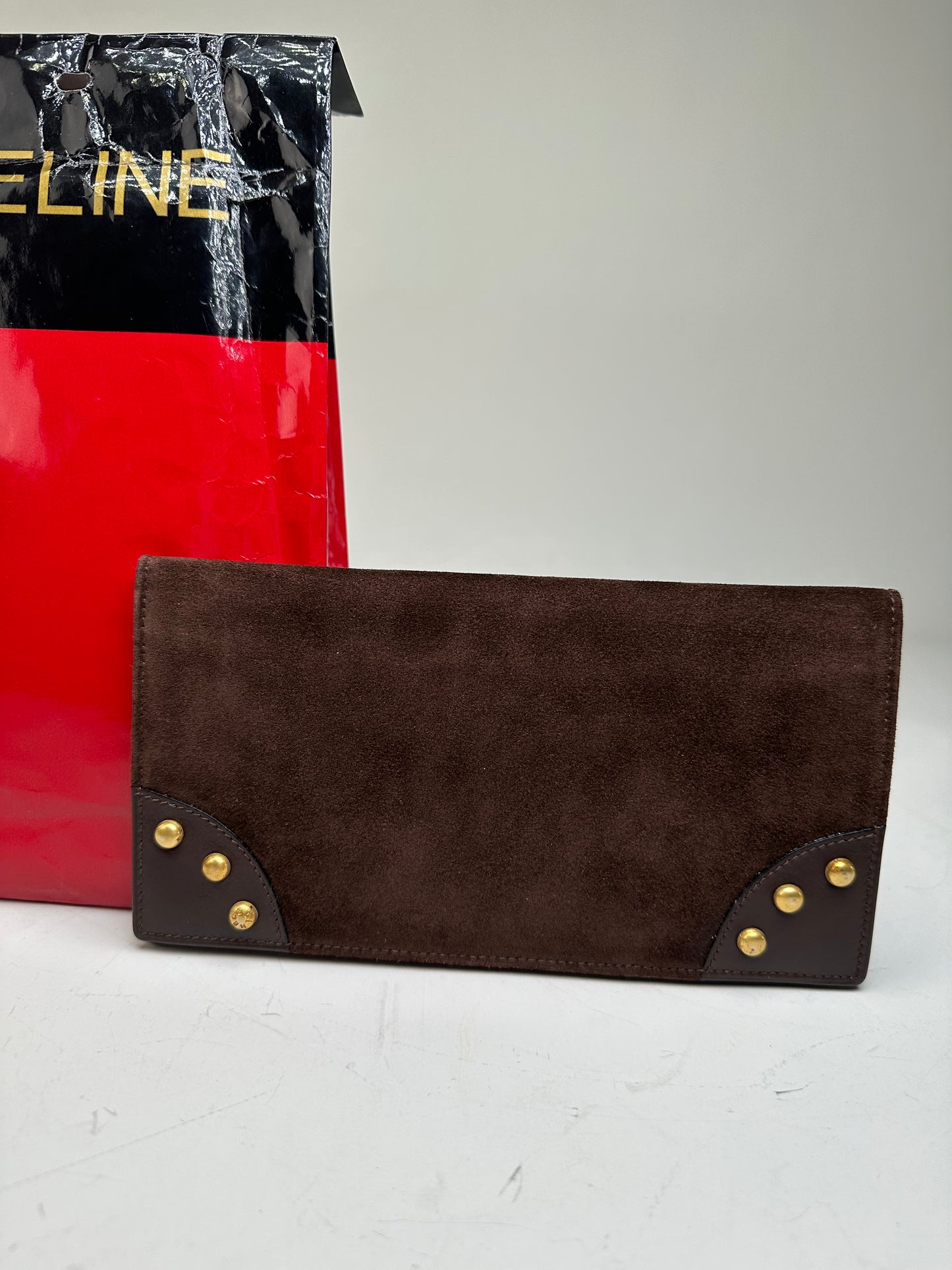 Vintage Celine Suede Wallet Brown Gold Studs