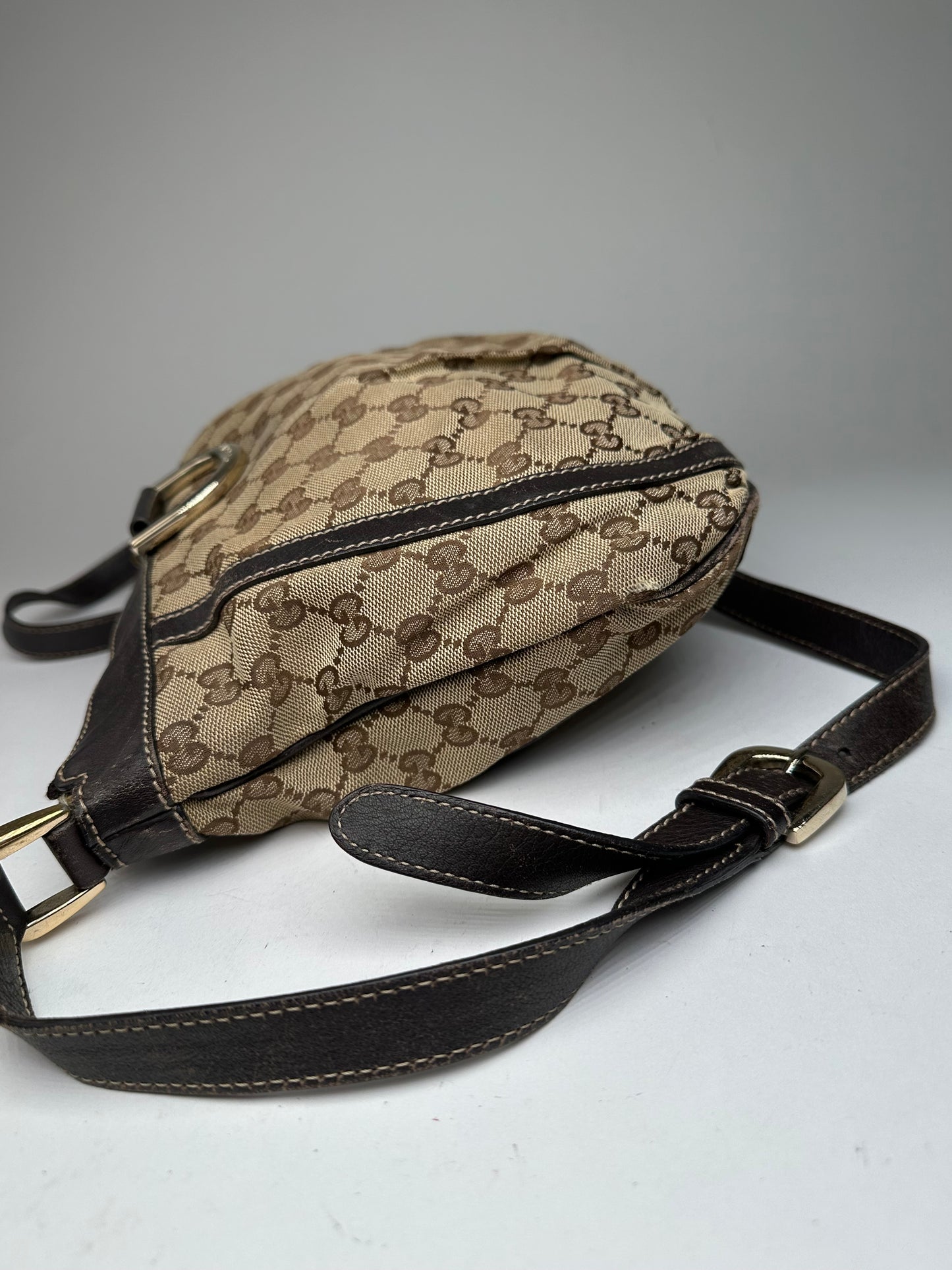 Vintage Gucci Monogram D-Ring Shoulder / Crossbody Bag Beige Brown