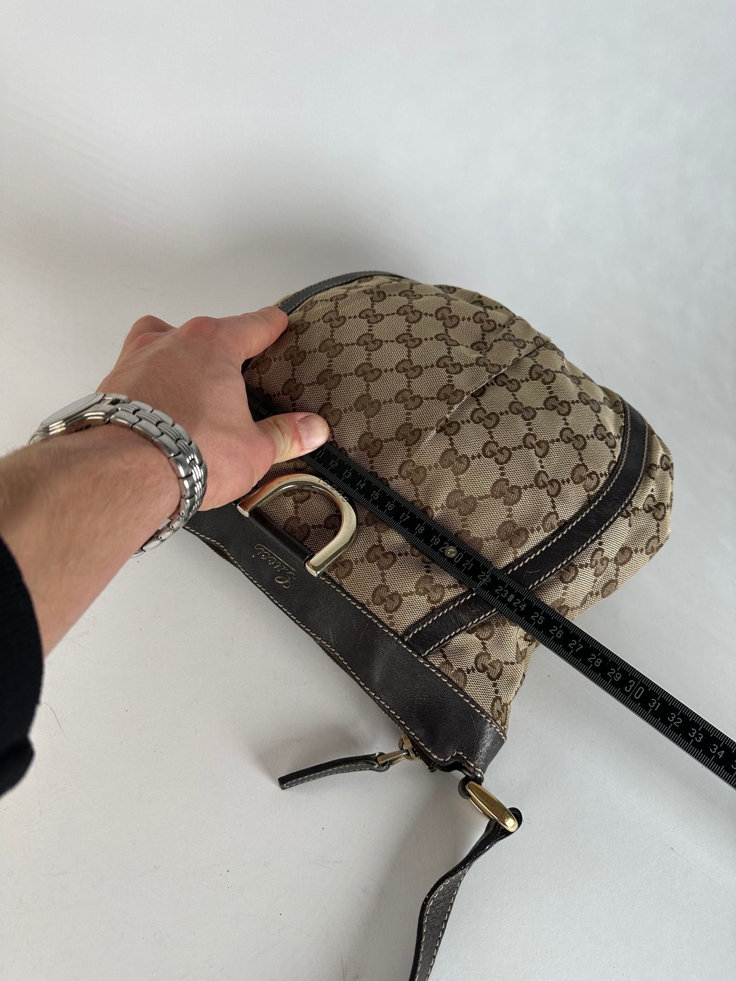 Vintage Gucci Monogram D-Ring Shoulder / Crossbody Bag Beige Brown