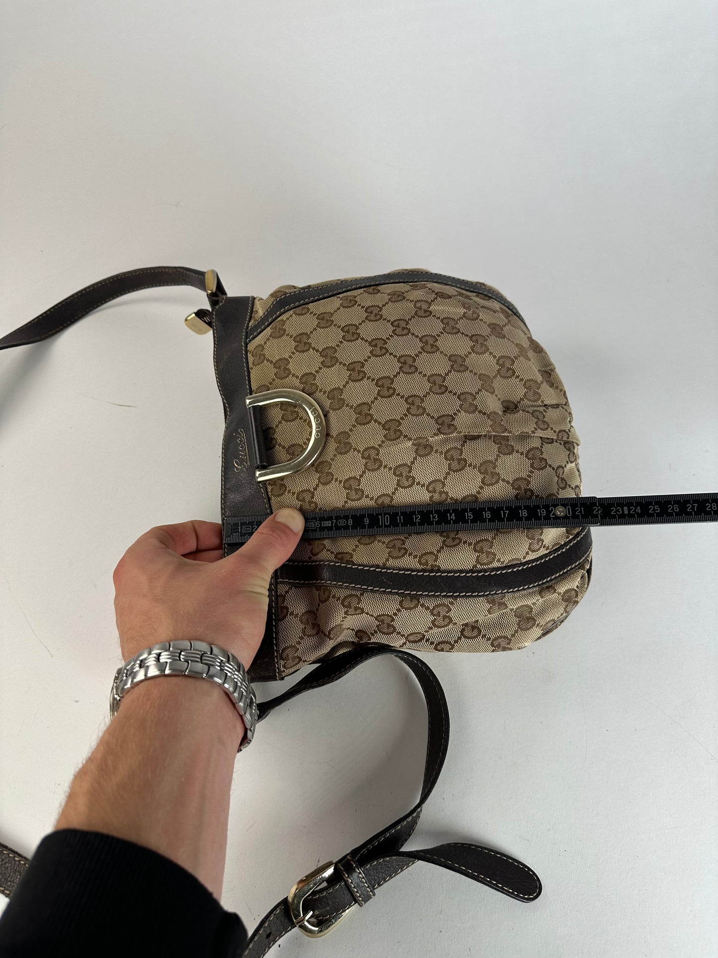 Vintage Gucci Monogram D-Ring Shoulder / Crossbody Bag Beige Brown