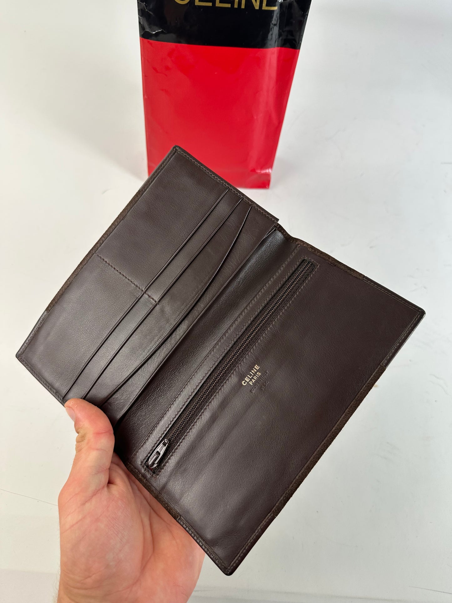 Vintage Celine Suede Wallet Brown Gold Studs