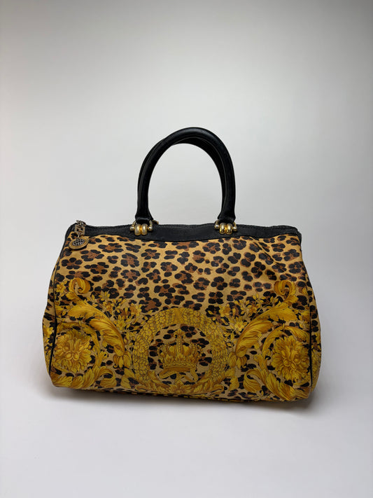 Vintage Versace Baroque Leopard Structured Bag Mid-1990s Black