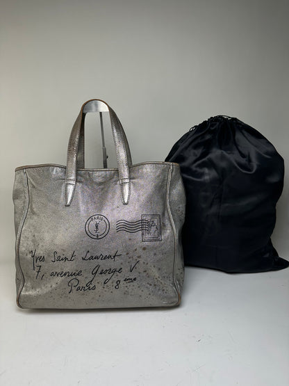 Vintage Saint Laurent Leather Tote Bag Silver c. 2000