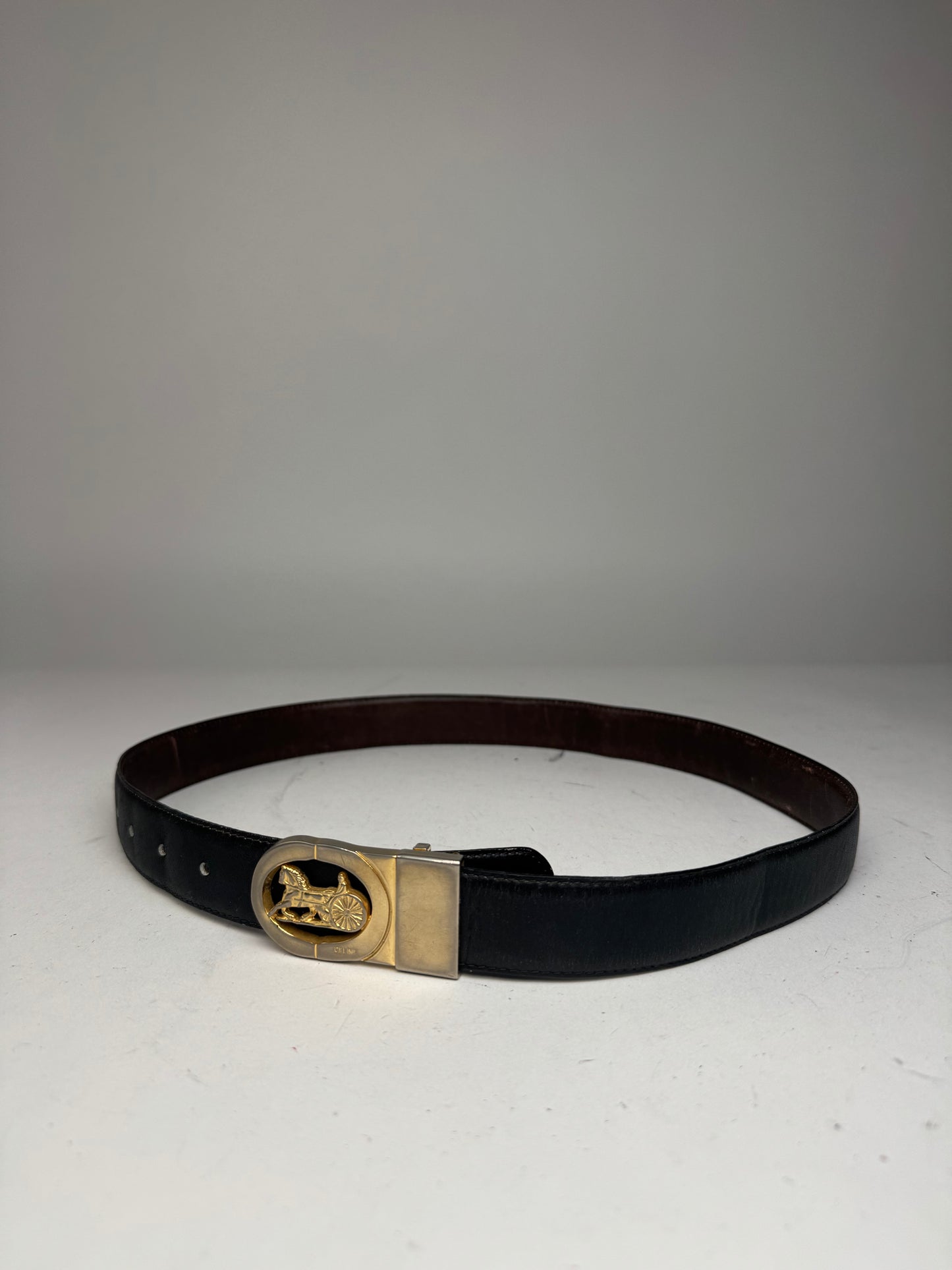 Vintage Celine Paris Carriage Logo Leather Belt black