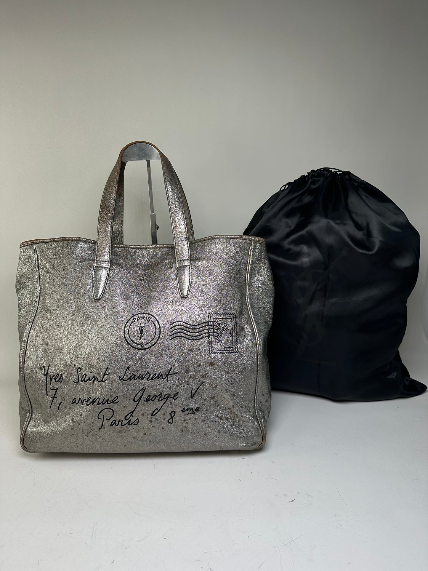 Vintage Saint Laurent Leather Tote Bag Silver c. 2000