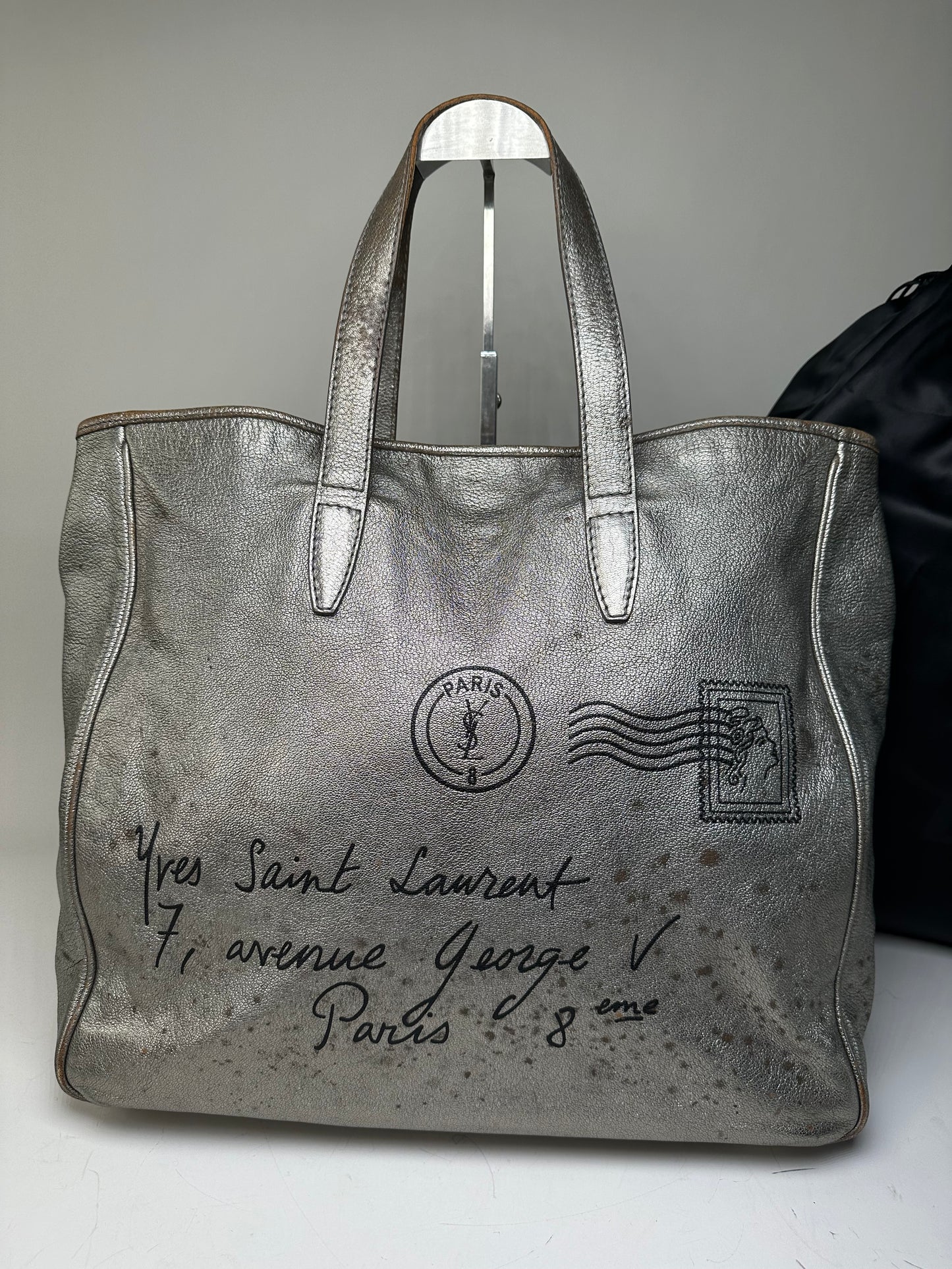 Vintage Saint Laurent Leather Tote Bag Silver c. 2000