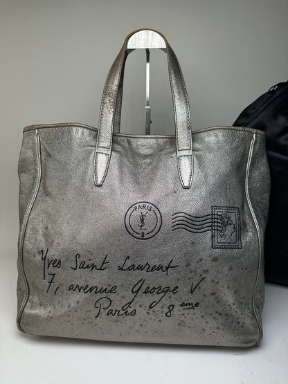 Vintage Saint Laurent Leather Tote Bag Silver c. 2000