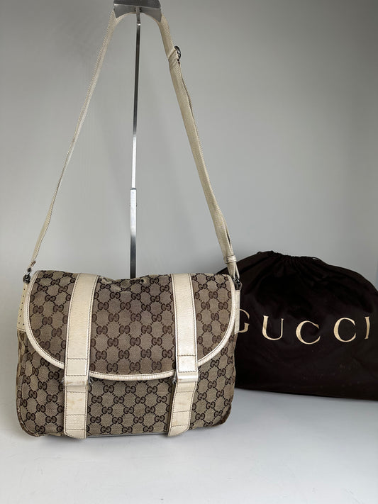Vintage Gucci GG Canvas Shoulder Bag Beige Brown Silver