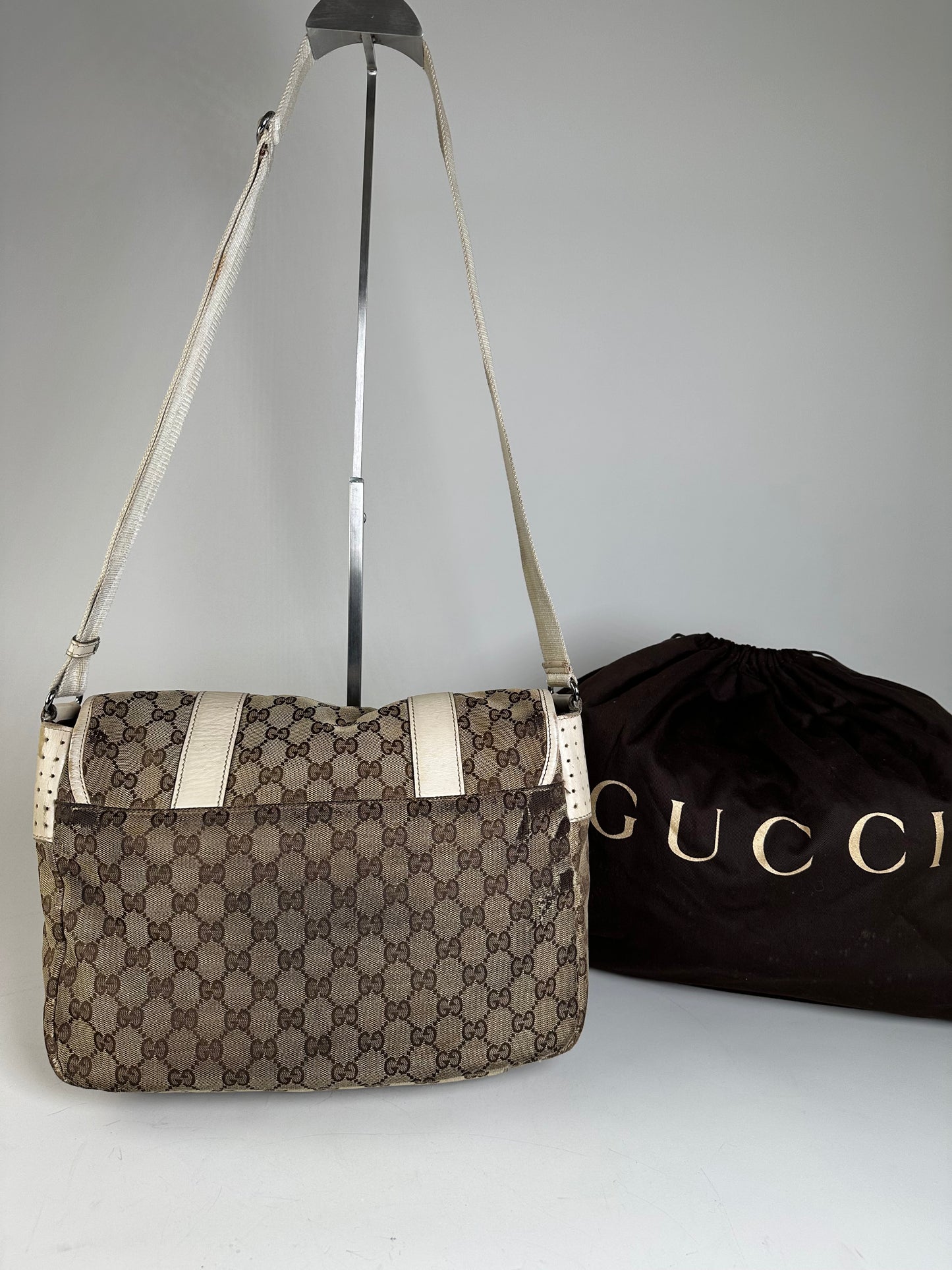 Vintage Gucci GG Canvas Shoulder Bag Beige Brown Silver