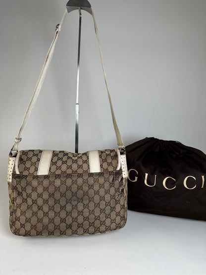 Vintage Gucci GG Canvas Shoulder Bag Beige Brown Silver
