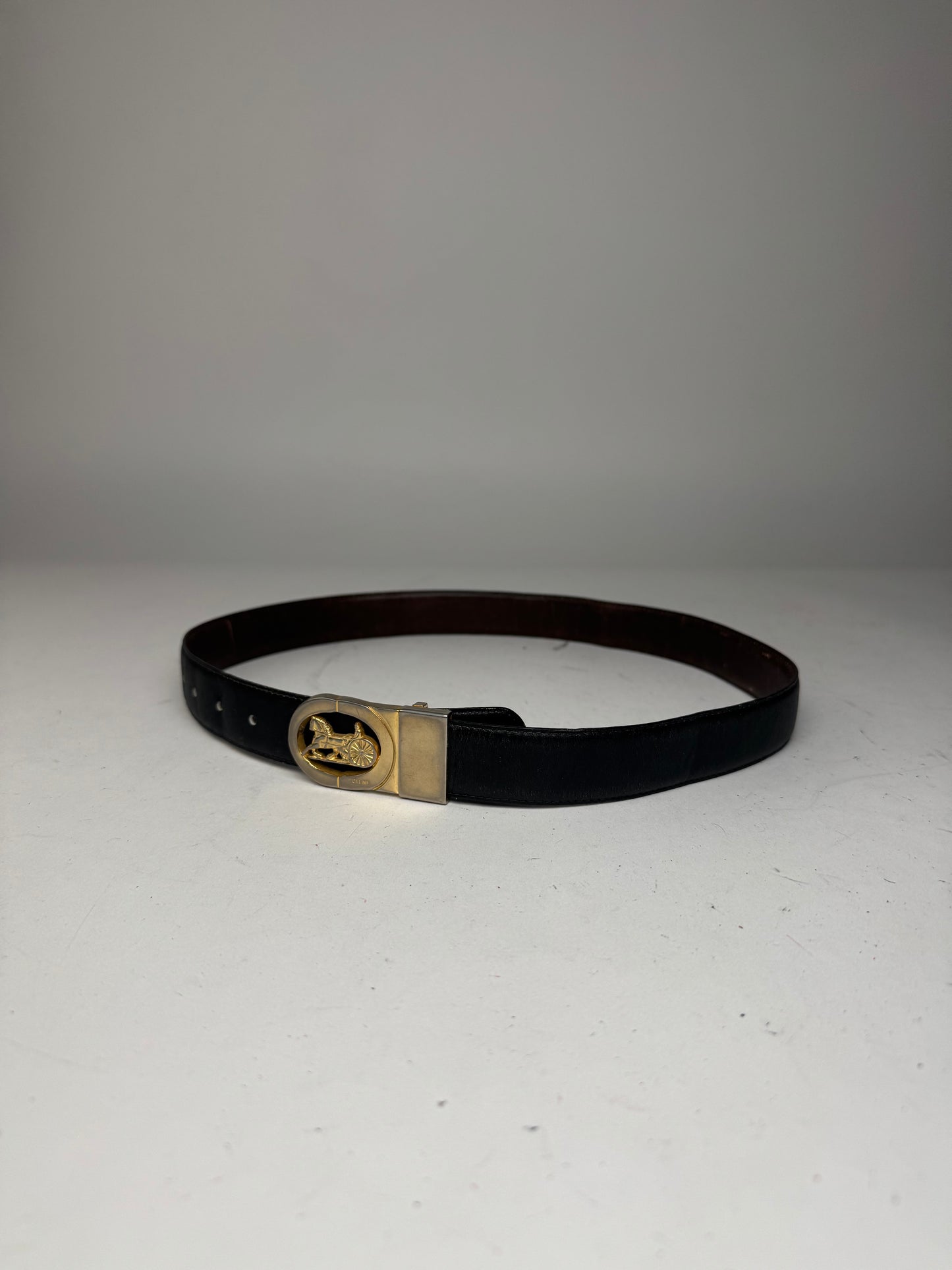 Vintage Celine Paris Carriage Logo Leather Belt black