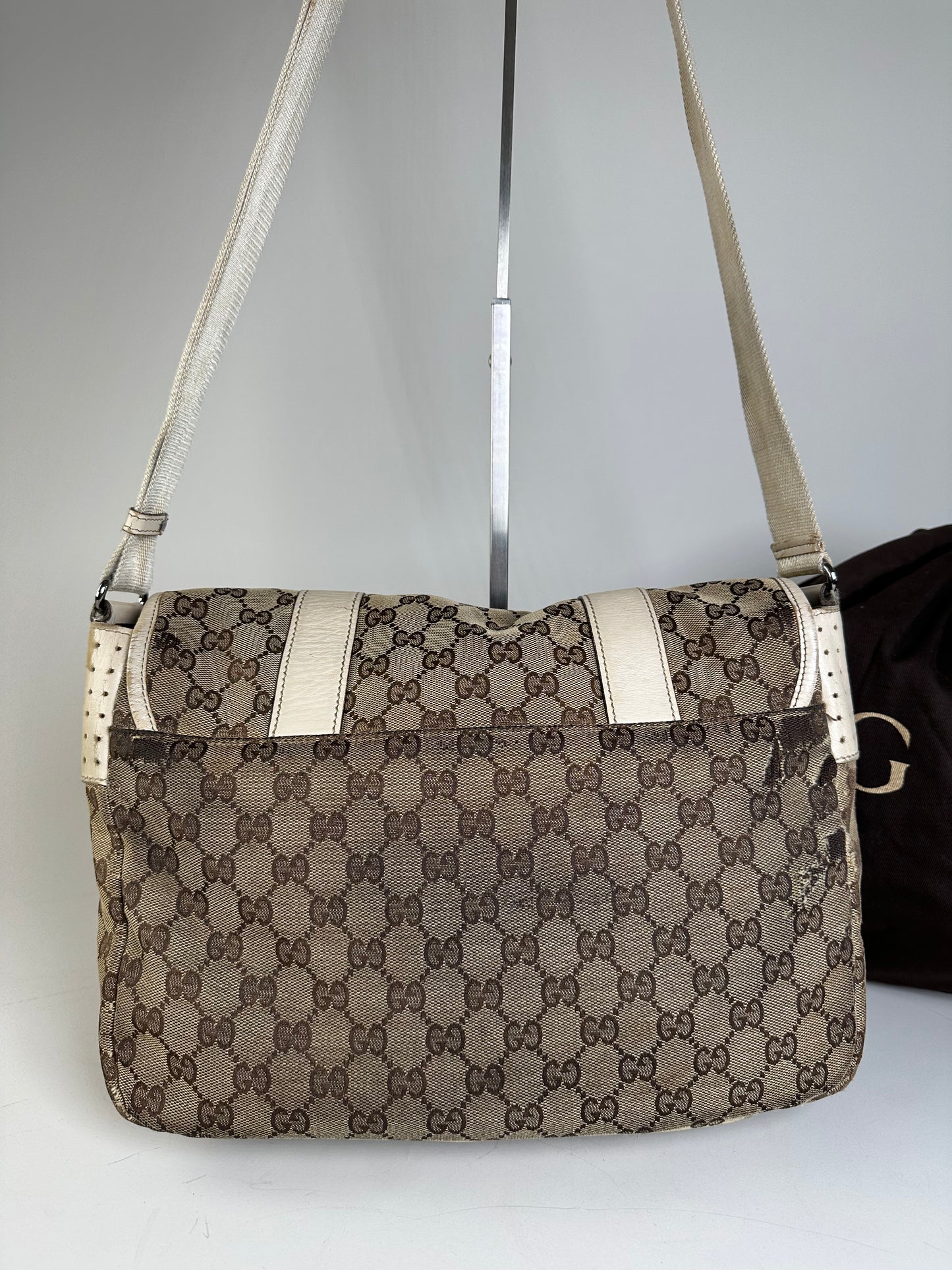 Vintage Gucci GG Canvas Shoulder Bag Beige Brown Silver