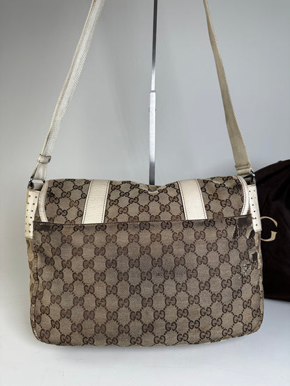 Vintage Gucci GG Canvas Shoulder Bag Beige Brown Silver