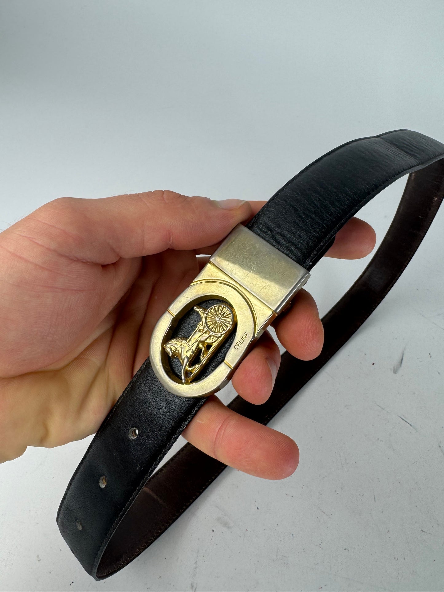 Vintage Celine Paris Carriage Logo Leather Belt black