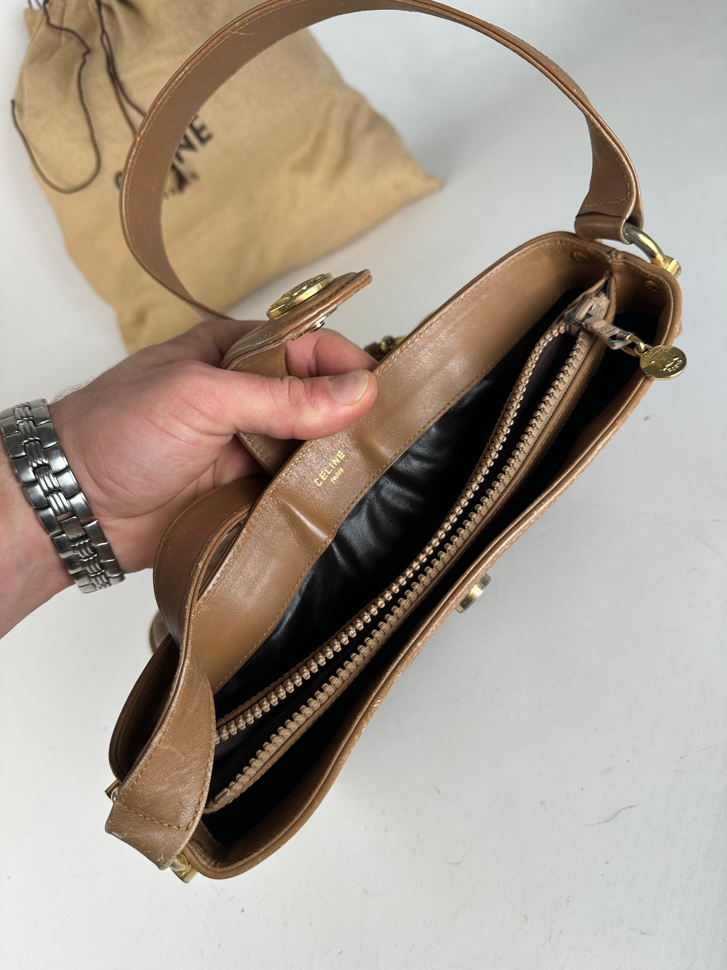 Vintage Celine Paris Triomphe Monogram Shoulder / Crossbody Bucket Bag Gold Brown