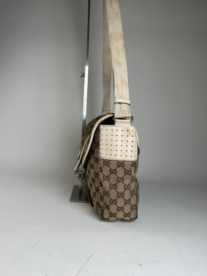 Vintage Gucci GG Canvas Shoulder Bag Beige Brown Silver