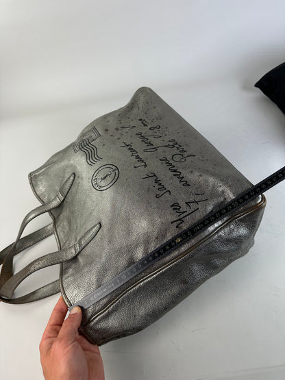 Vintage Saint Laurent Leather Tote Bag Silver c. 2000
