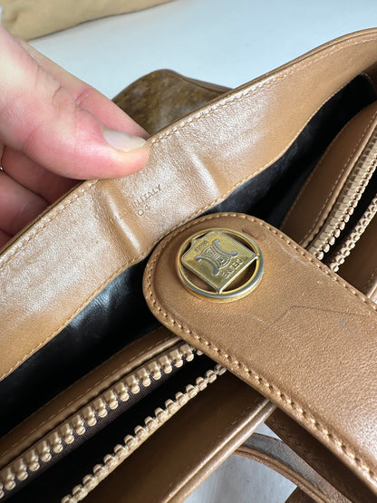 Vintage Celine Paris Triomphe Monogram Shoulder / Crossbody Bucket Bag Gold Brown