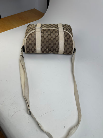 Vintage Gucci GG Canvas Shoulder Bag Beige Brown Silver