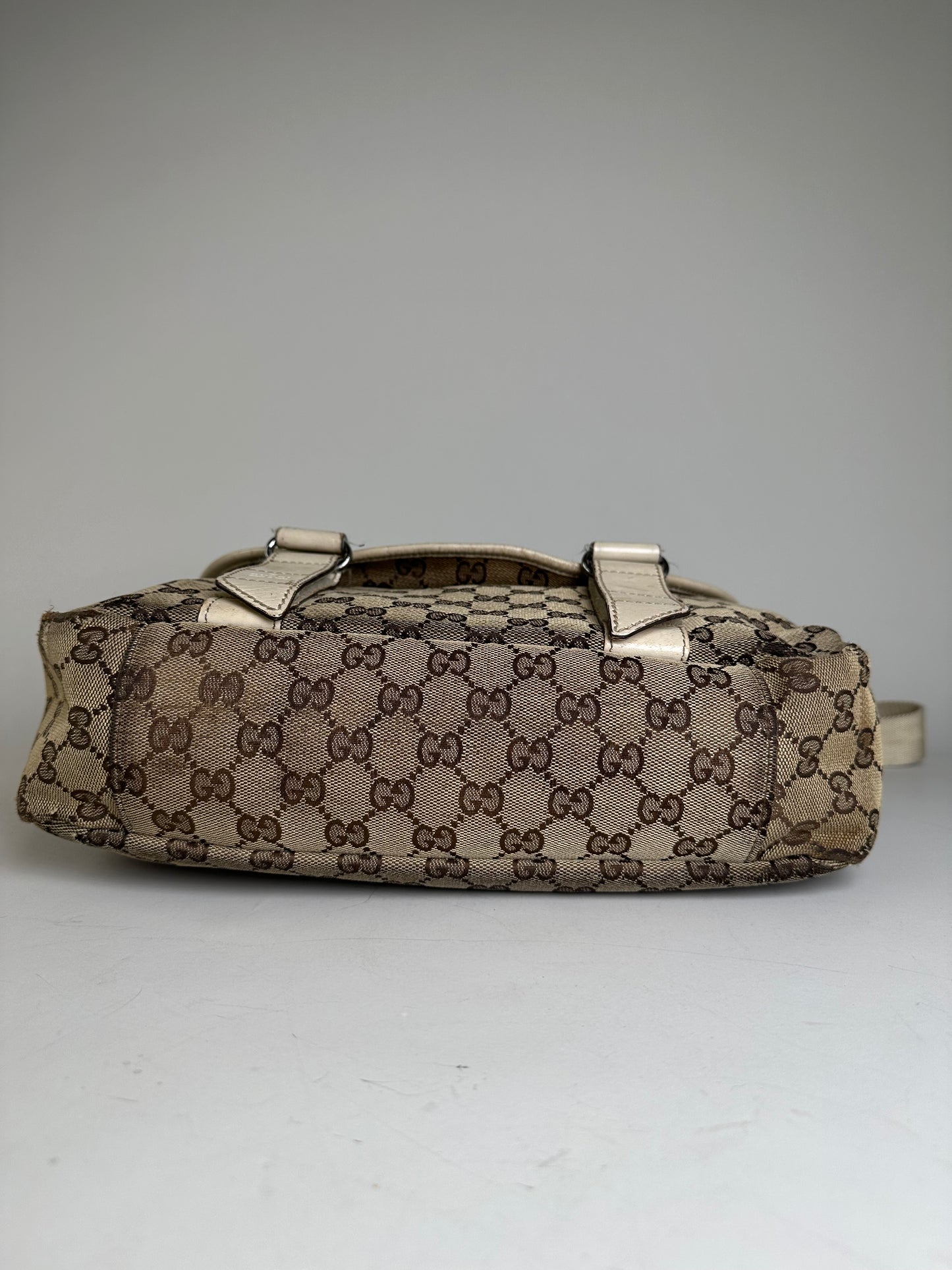 Vintage Gucci GG Canvas Shoulder Bag Beige Brown Silver