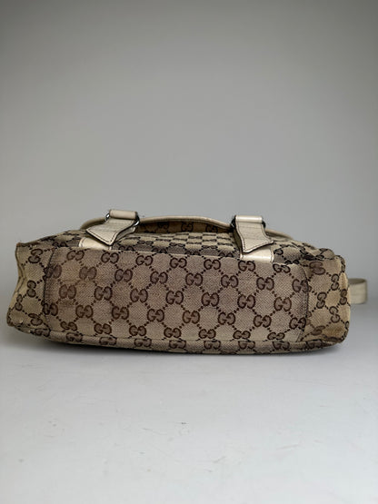 Vintage Gucci GG Canvas Shoulder Bag Beige Brown Silver