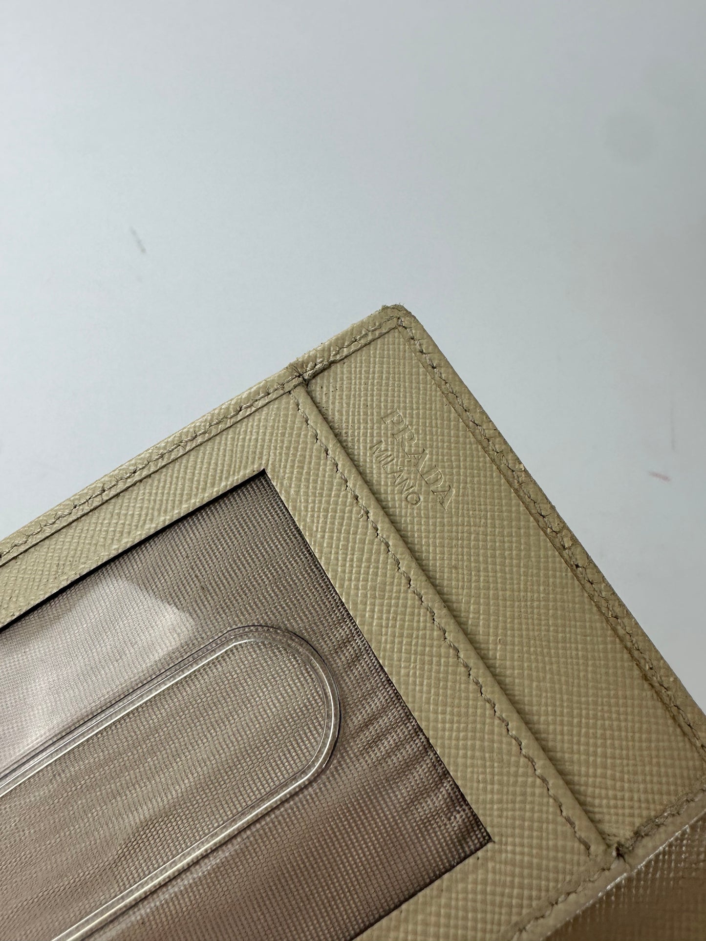 Vintage Prada Saffiano Leather Triangle Card Holder Cream