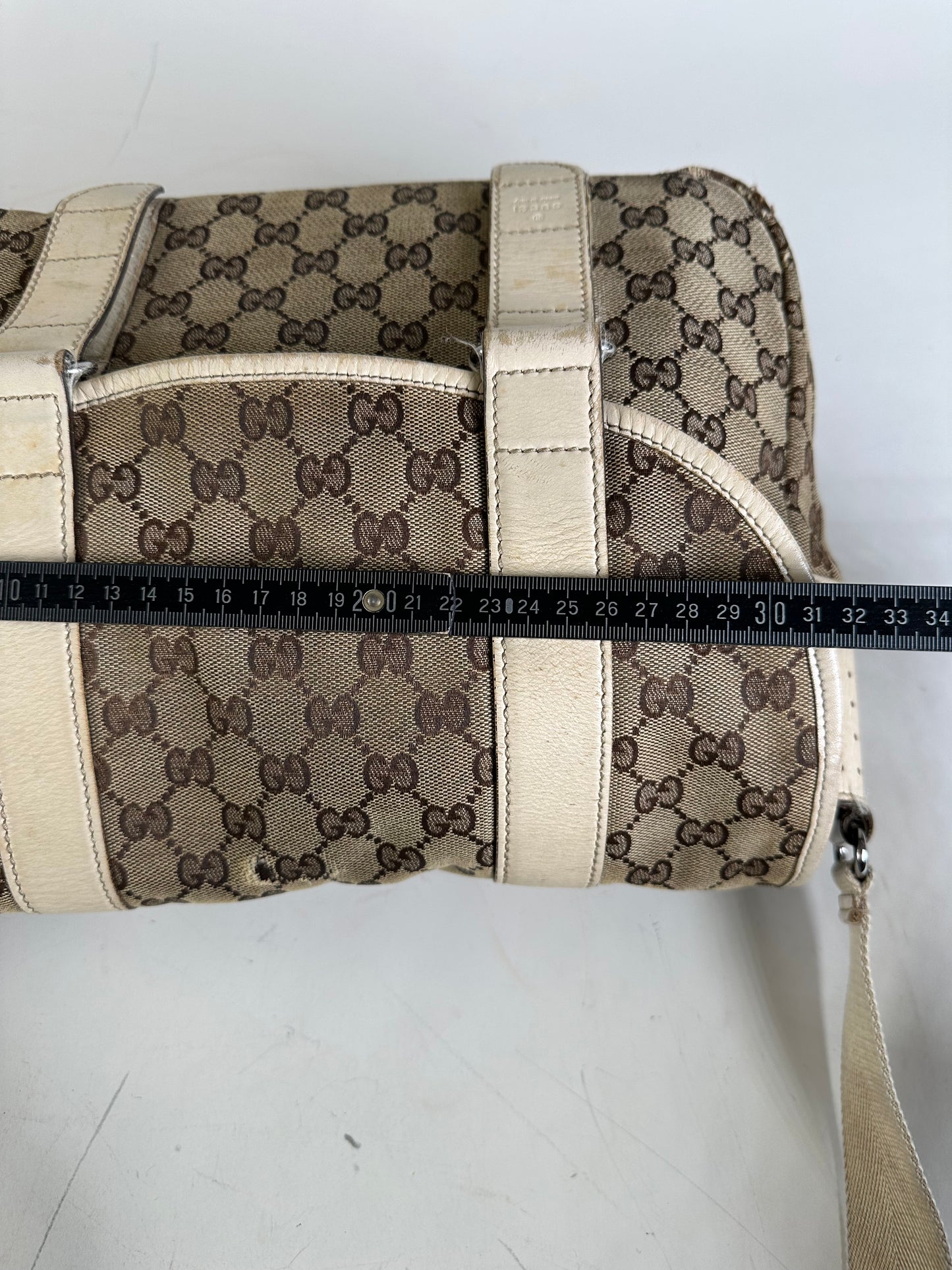 Vintage Gucci GG Canvas Shoulder Bag Beige Brown Silver