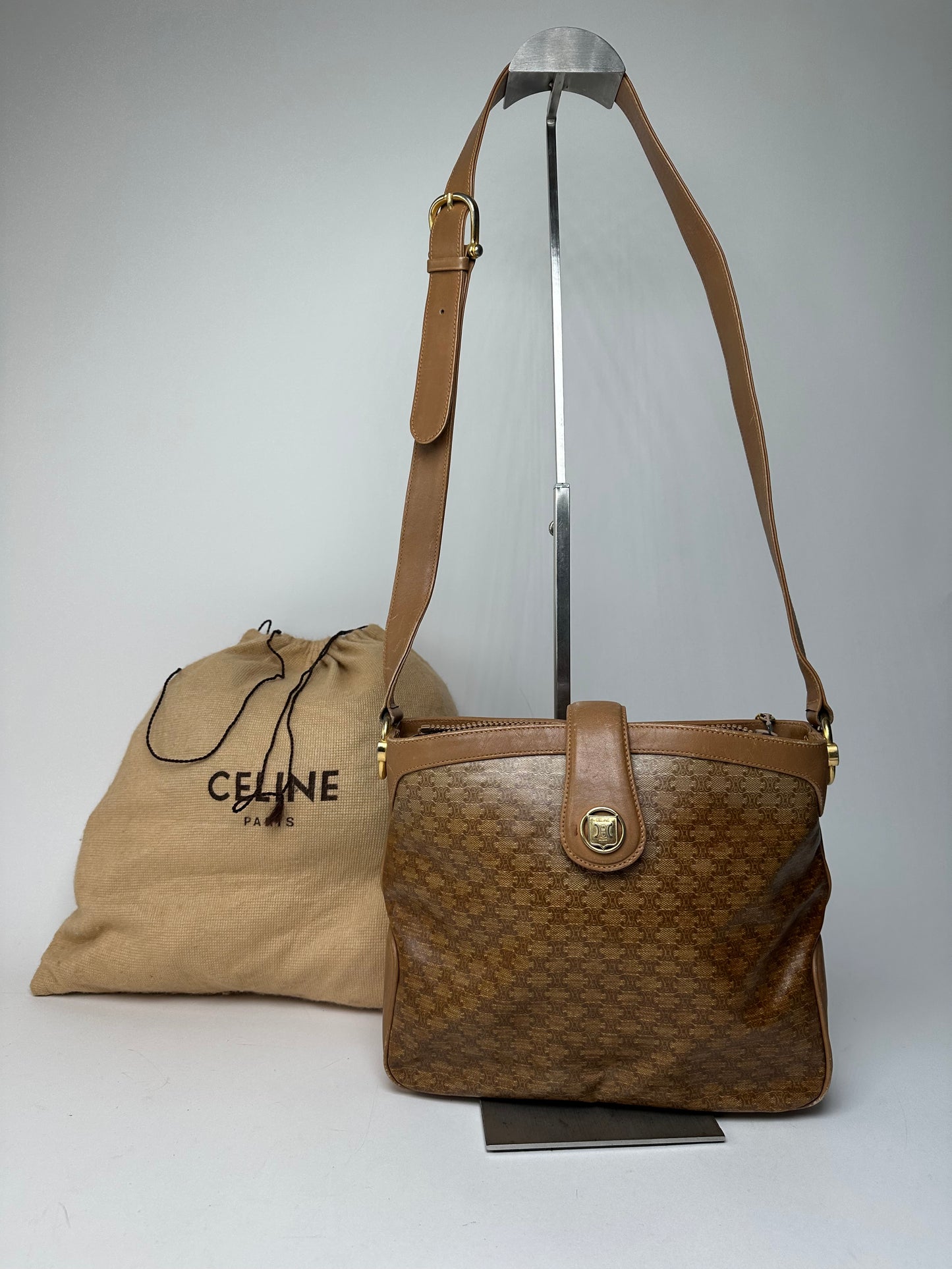 Vintage Celine Paris Triomphe Monogram Shoulder / Crossbody Bucket Bag Gold Brown