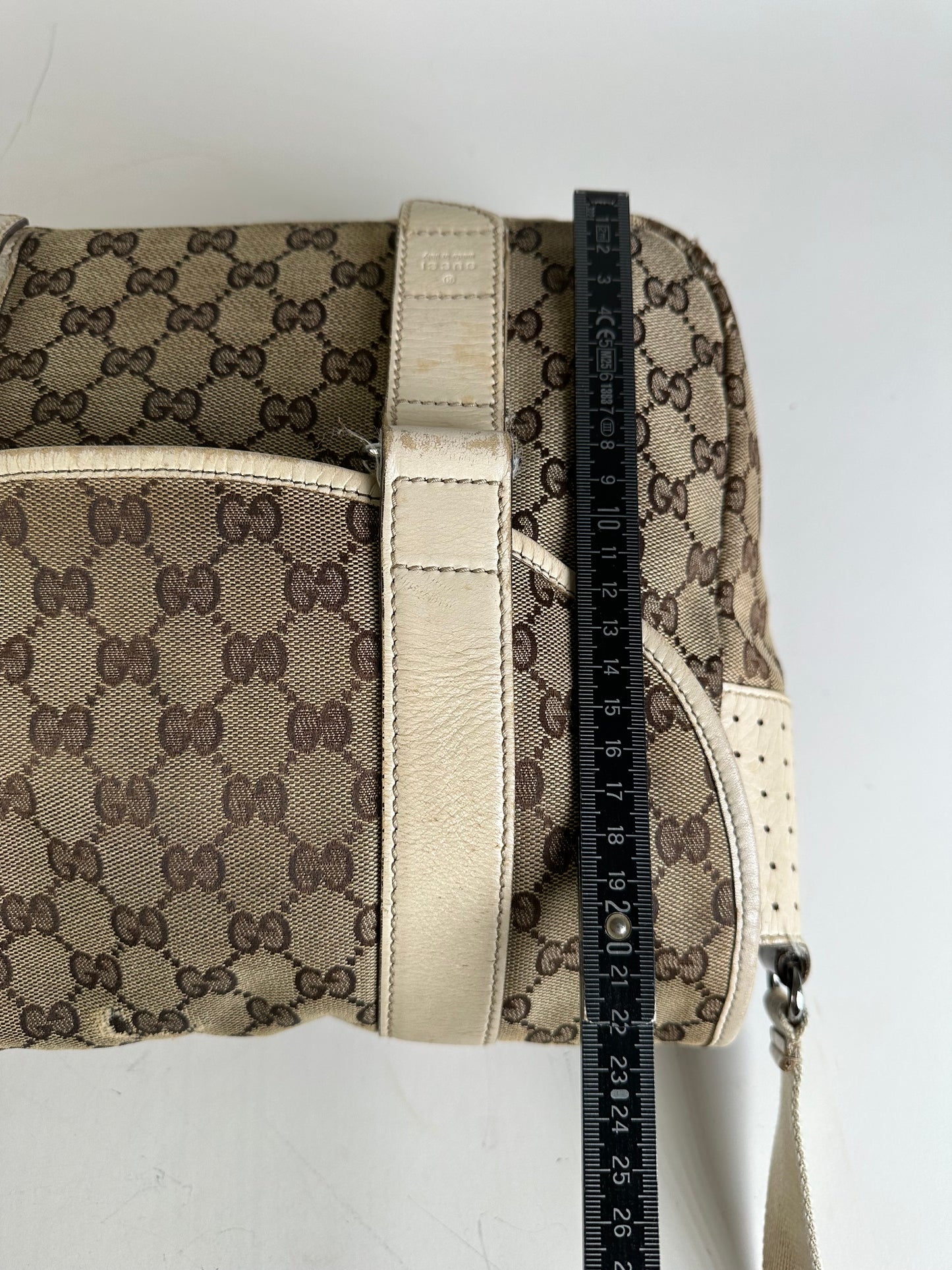Vintage Gucci GG Canvas Shoulder Bag Beige Brown Silver