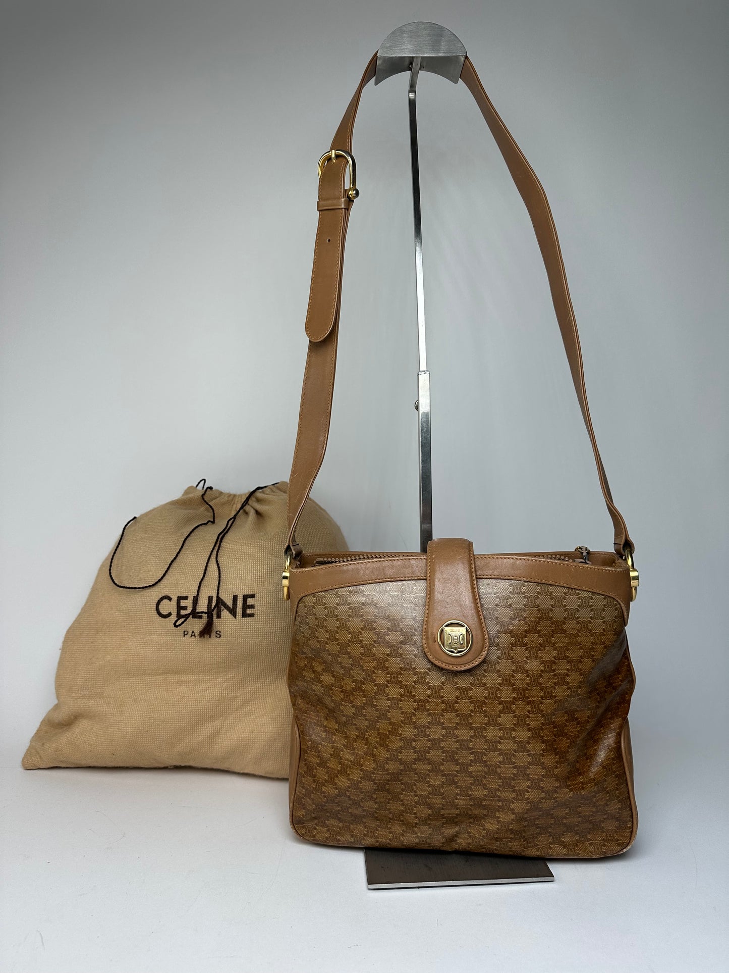 Vintage Celine Paris Triomphe Monogram Shoulder / Crossbody Bucket Bag Gold Brown