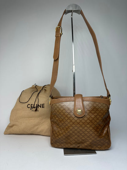 Vintage Celine Paris Triomphe Monogram Shoulder / Crossbody Bucket Bag Gold Brown