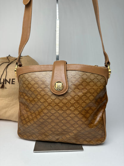 Vintage Celine Paris Triomphe Monogram Shoulder / Crossbody Bucket Bag Gold Brown