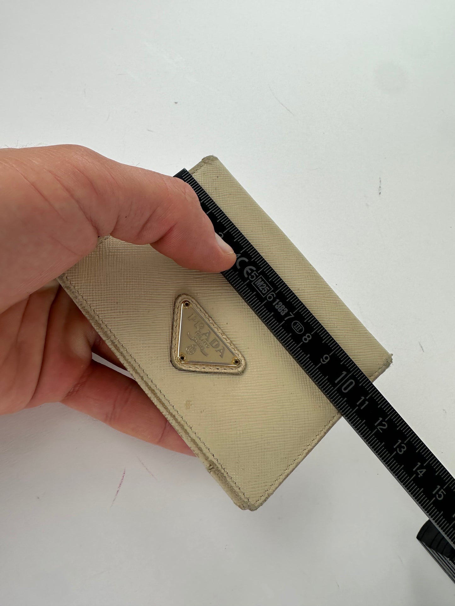 Vintage Prada Saffiano Leather Triangle Card Holder Cream