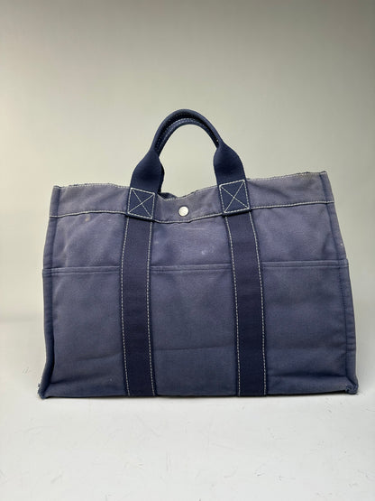 Vintage Hermes Canvas Tote Navy Silver