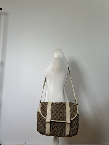 Vintage Gucci GG Canvas Shoulder Bag Beige Brown Silver