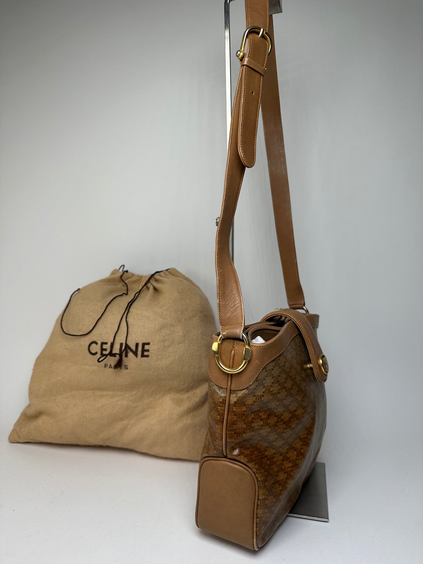 Vintage Celine Paris Triomphe Monogram Shoulder / Crossbody Bucket Bag Gold Brown