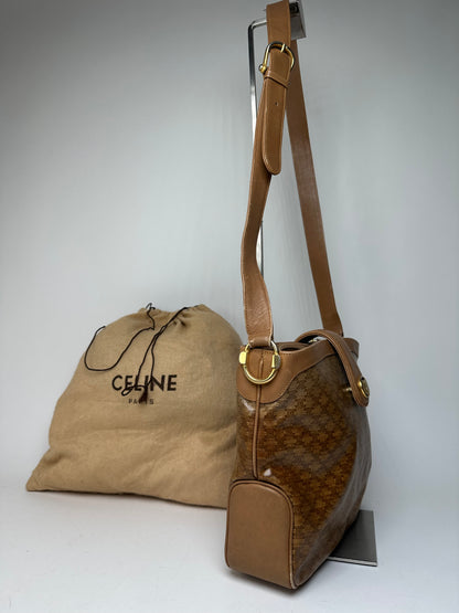 Vintage Celine Paris Triomphe Monogram Shoulder / Crossbody Bucket Bag Gold Brown
