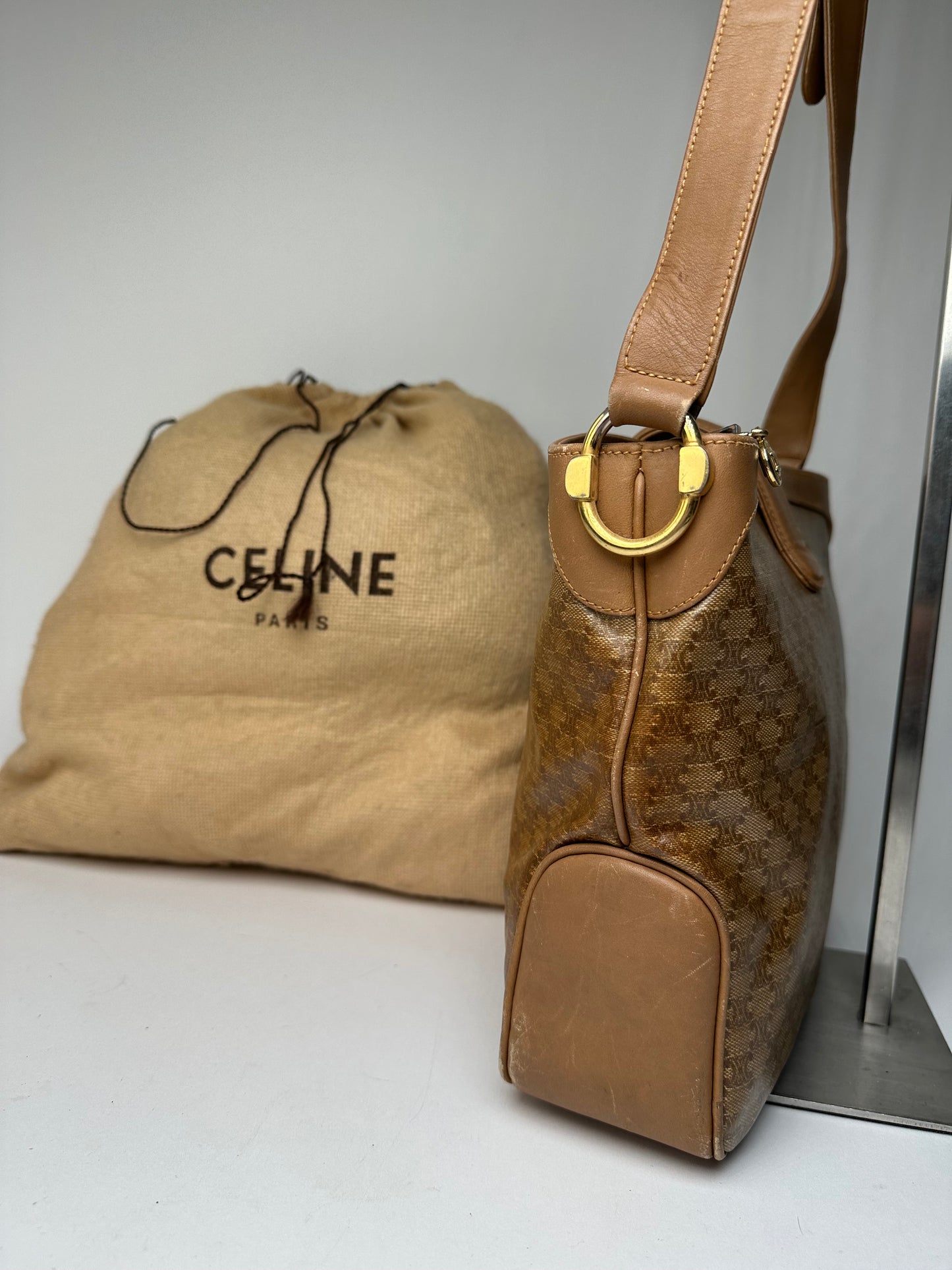 Vintage Celine Paris Triomphe Monogram Shoulder / Crossbody Bucket Bag Gold Brown