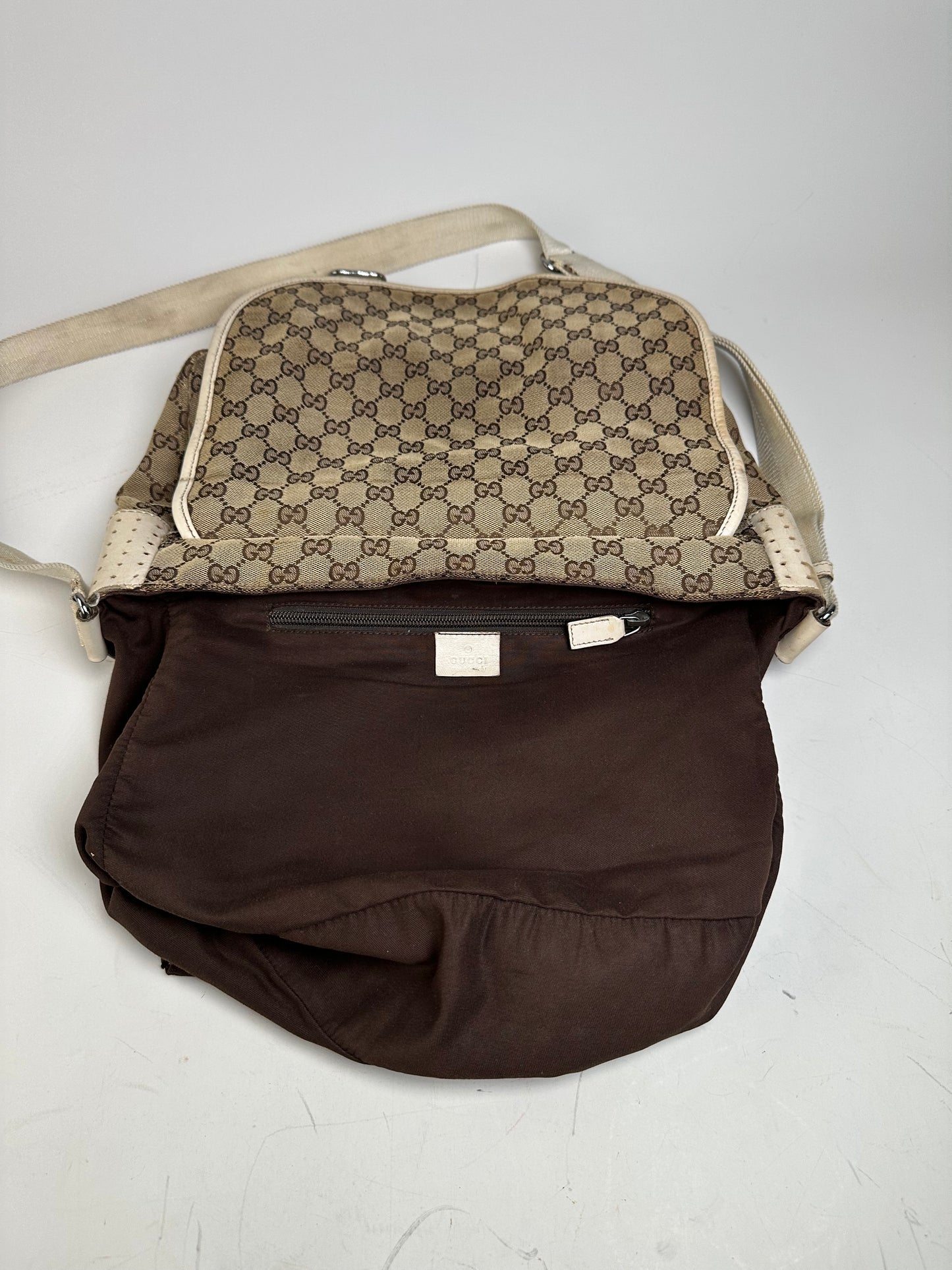 Vintage Gucci GG Canvas Shoulder Bag Beige Brown Silver